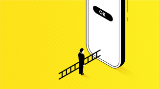 Sarı fon üzerinde bilgisayarda çizilmiş bir görselde,  büyük bir mobil telefon önünde siyah takım elbise giymiş adam elinde merdivenle telefona doğru bakıyor. Telefon ekranında adamdan daha yüksekte “OK” yazılı onay butonu bulunuyor.