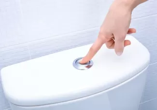 Bir kadın işaret parmağı ile alafranga tuvalet sifonunun üstündeki düğmeye basıyor.