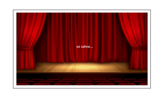 Kırmızı perde ve koltukların bulunduğu bir sahnede perdeler kapalı ve sahnenin ortasındaki zemine ışık yansıtılmış. Perdenin üstünde küçük harflerle “ve sahne…” yazısı yer alıyor.