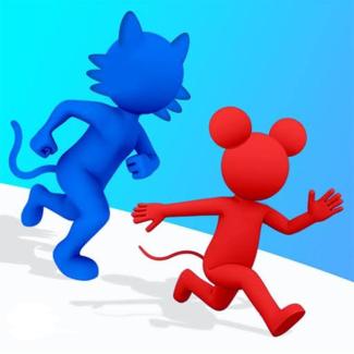 Siluet olarak çizilmiş mavi bir kedi iki arka ayağı üzerinde yine aynı şekilde resmedilmiş kırmızı bir farenin arkasından koşuyor. Fare de iki ayağı üzerinde.