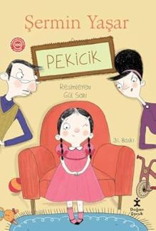 Şermin Yaşar'ın "Pekicik" adlı çocuk kitabının kapağı. Merkezde, pembe elbise giymiş, siyah örgülü saçlı küçük bir kız çocuğu kırmızı bir koltukta oturuyor. Gözlerinden birini kırpmış, muzip bir ifadesi var. Kızın hemen üzerinde, duvarda "Pekicik" yazan çerçeveli bir resim asılı. Koltuğun solunda ve sağında, iki yetişkinin üst bedenleri görünüyor. Soldaki yetişkin, gözlüklü, desenli bir yelek giymiş bir erkek. Sağdaki yetişkin ise topuz saçlı bir kadın.