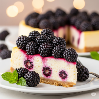 Görselde, beyaz bir tabakta, üzeri bolca parlak siyah böğürtlenlerle süslenmiş, pembe sos izleri olan bir dilim cheesecake bulunuyor. Dilimin önünde birkaç böğürtlen ve bir nane yaprağı da var. Arka planda ise aynı cheesecake'in bütün hali ve bulanık ışıklar görülüyor.