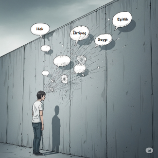 Gri ve kasvetli bir ortamda, çok yüksek ve pürüzsüz bir beton duvarın önünde duran genç bir erkek figürü çizimi. Figür, sırtı hafifçe bükük ve yorgun bir duruşa sahip. Yüzü duvara dönük, ancak ifadesi net seçilemiyor. Kafasının hizasından çıkan konuşma balonları duvara doğru ilerleyip çarpıyor. Bu balonların bazılarında "Hak", "İhtiyaç", "Saygı" ve "Eşitlik" kelimeleri yazıyor.