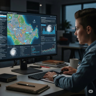 Görselde, masa başında oturan bir kadın, bilgisayar ekranına odaklanmış bir şekilde görünüyor. Ekranda, bir şehrin haritası ve yanında afet yönetimiyle ilgili yazılar, grafikler, kasırga ikonları gibi veriler yer alıyor. Kadın bir eliyle klavye kullanırken diğer eliyle fareyi tutuyor. Masanın üzerinde defterler ve bir kahve fincanı da bulunuyor.