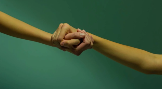 İki kişinin birbirine sıkıca kenetlenmiş elleri.  Yeşilimsi-mavi tonlarda tek renkli bir arka plan önünde, açık ten rengine sahip iki kol yatay olarak uzanıyor. Kollardan biri sol taraftan, diğeri ise sağ taraftan kadraja giriyor. Ortada, bu iki kolun birbirinin bileğini veya ön kolunu sıkıca kavradığı görülüyor; bir elin parmakları diğer kolun etrafında kenetlenmiş durumda.