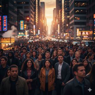 Bu görsel, akşam saatlerinde, şehir merkezindeki kalabalık bir caddeyi gösteriyor. Sokak, yüksek binalar ve yanıp sönen neon tabelalarla dolu. Önde ve ortada, çeşitli yaş ve etnik kökenlerden oluşan kalabalık insan grubu yürürken görünüyor. Arka planda ise gün batımının turuncu tonları binaların arasında parlıyor.