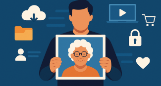 Dijital mirası temsil eden bir illüstrasyon Arka plan koyu mavi renkte. Ortada, yüzü çizilmemiş bir erkek iki eliyle bir çerçeve tutuyor. Çerçevenin içinde beyaz saçlı, gözlüklü, yaşlı bir kadın portresi yer alıyor. Kadın turuncu bir bluz giymiş ve gülümsüyor. Arka planda, dijital dünyayı temsil eden simgeler var. Sol üstte bir bulutun altına bakan ok,  sol ortada bir klasör ikonu, sol altta bir kişi simgesi, sağ üstte bir dizüstü bilgisayar ve oynatma simgesi, onun hemen altında bir alışveriş sepeti simges