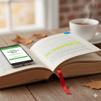 Sonbahar temalı bu görselde, ahşap bir masa üzerinde açık duran, sayfaları fosforlu kalemle işaretlenmiş eski bir kitap görülmektedir. Kitabın üzerine, ekranında 'Be My Eyes' uygulamasının arayüzü açık olan bir cep telefonu yaslanmıştır. Arka planda, buğusu tüten beyaz bir çay fincanı ve pencere kenarında hafif bulanık sonbahar yaprakları bulunmaktadır.