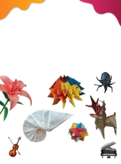 Bu görsel, üst kenarında turuncu ve mor renkli dalgalı bir arka plana sahip, beyaz zemin üzerine yerleştirilmiş bir afiştir. Afişin odak noktası, kağıttan katlanmış (origami) heykellerdir.