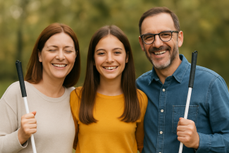 Arka planda hafif bulanık yeşil doğa manzarası önünde poz veren mutlu bir aile.  Anne ve baba ellerinde beyaz baston tutuyor. Anne bej bir kazak giymiş, saçları açık kahverengi ve omuz hizasında. Baba mavi bir gömlek giymiş, kısa saçlı, sakallı ve gözlüklü. Ortalarında duran kızları uzun düz kahverengi saçlı ve hardal sarısı bir kazak giymiş. Üçü de kollarını birbirlerinin beline atmış görünüyor ve kameraya bakarak gülüyor.