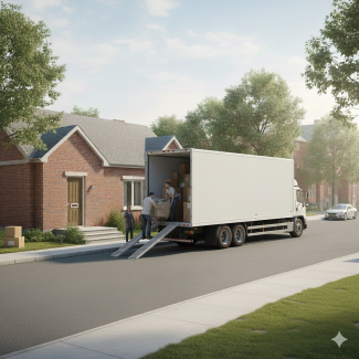 Görselde güneşli bir günde, müstakil küçük bir evin önünde büyük, boş bir taşıma kamyonu görünüyor. Kamyon, evin önünde park halinde ve kasasında insanlar ve koliler bulunmaktadır.