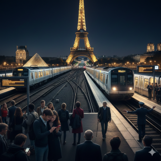 Gece vakti, Paris'teki bir tren istasyonu platformunu gösteren, yapay zeka tarafından oluşturulmuş bir görsel. Gecenin karanlığında arka planda parlayan Eyfel Kulesi merkezde yer alıyor. Platformun ortasında, raylar ileriye doğru uzanıyor ve her iki yanında duran tren vagonları bulunuyor. Ön planda,  platform kalabalık. Farklı yaş ve kıyafetlere sahip insanlar ayakta duruyor, kimisi telefonuna bakıyor, kimisi konuşuyor. Sağ alt köşede bir görevli, elini kaldırarak yolcuları yönlendiriyor gibi görünüyor. Sol
