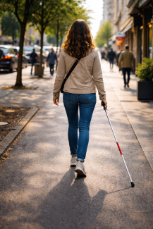 Fotoğrafta bir kadın arkadan görülüyor. Şehir içinde bir kaldırımda yürümekte. Sağ elinde beyaz baston bulunuyor; baston kaldırıma doğru uzanıyor. Kadın açık renk bir ceket, kot pantolon ve spor ayakkabı giymiş.